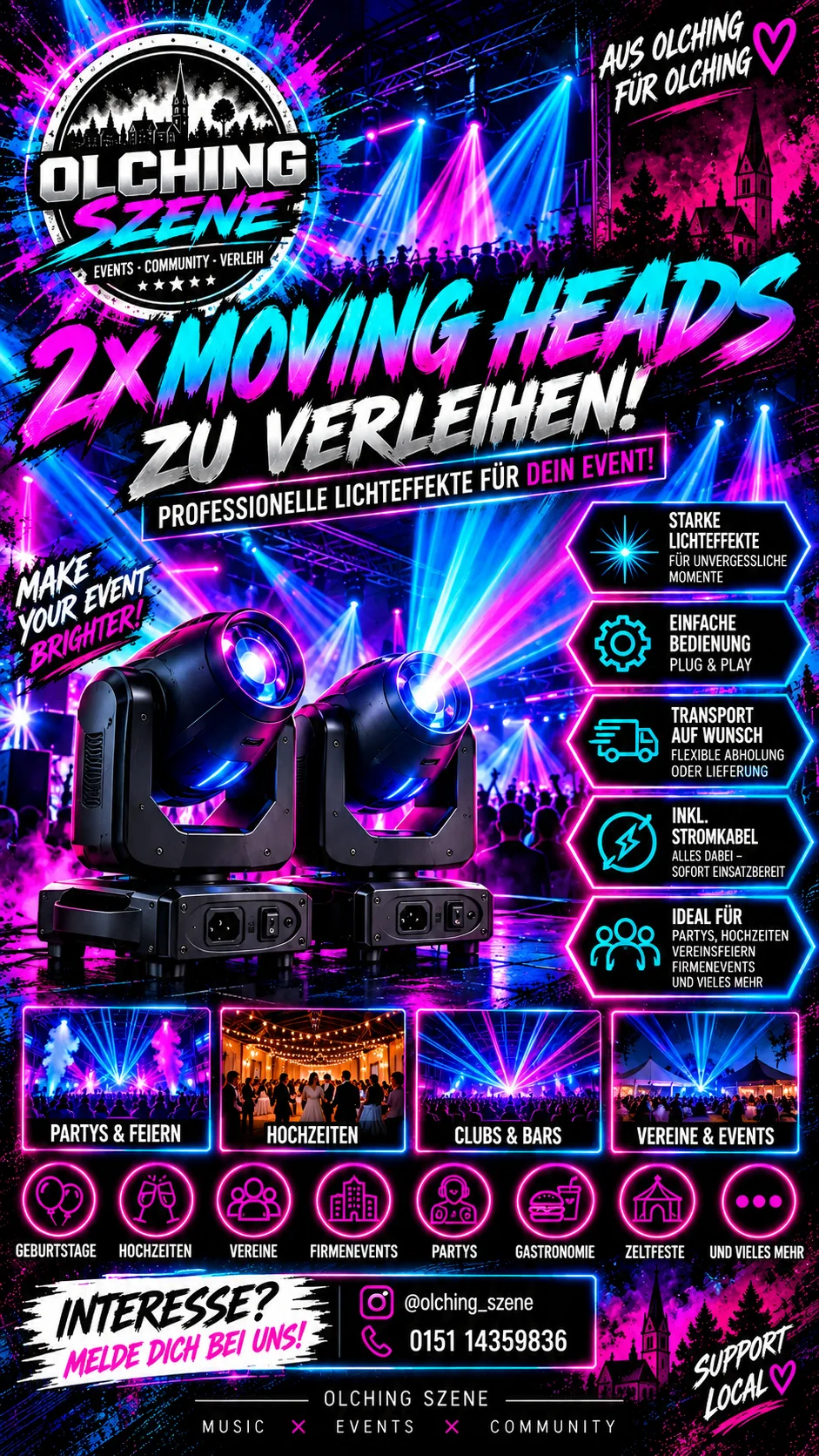 Zwei Moving Heads mit farbigen Lichteffekten