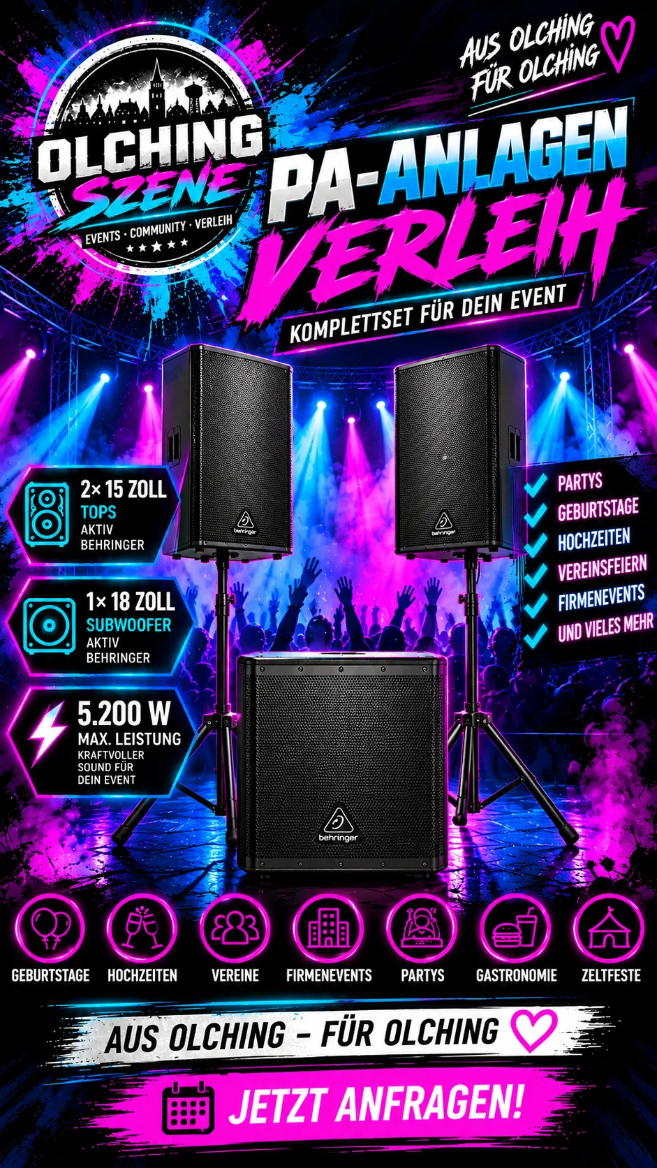 Aktives PA-Set mit zwei Behringer Tops und einem Subwoofer